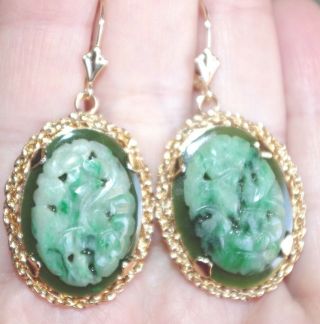 Antique Chinese Carved Green Jadeite Jade 14k / 12k Gf Lever Back Earrings
