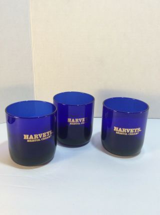 Set Of 3 “harveys Bristol Cream " Cobalt Blue Glasses/tumblers Lo Ball Bar 8 Oz