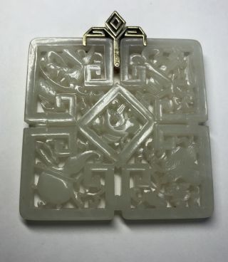 14k Gold Chinese Carved Jadeite Jade Pendant Necklace Square 70 Mm X 70 Mm