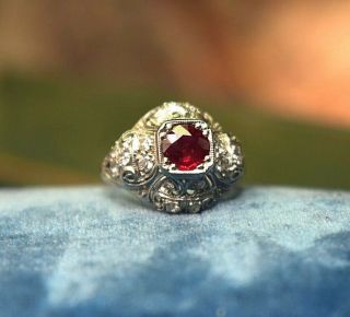 Estate Antique Art Deco Platinum Natural Ruby European Cut Diamond Filigree Ring