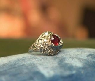 Estate antique Art Deco platinum natural ruby European cut diamond filigree ring 3