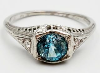 Antique 1926 Art Deco 18k White Gold Filigree Aquamarine/diamond Ring Size 6.  25