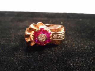 14k Rose Gold 1939 Art Deco Ruby & Natural Diamond Ring 7.  1 Gm Size 4.  5