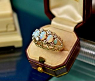 Estate Antique Vintage 14k Yellow Gold Fire Opal Diamond Ring Sz 6.  75