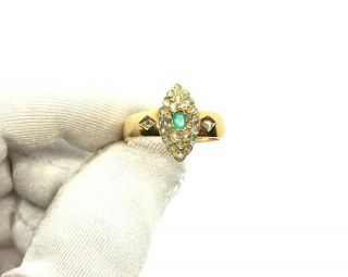 Antique Victorian 18ct Gold Emerald & Rose Cut Diamond Navette Ring Size - P/q