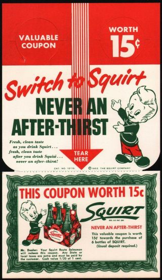 Vintage Coupon Squirt Soda Pop Bottle Ringer 1952 Squirt Boy And Tartan Carton