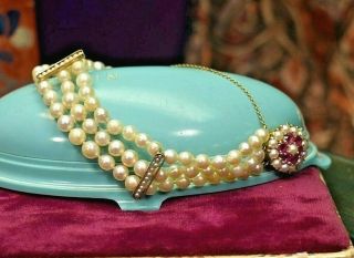 Estate Vintage 14k Yellow Gold 3 Strand Natural Pink Sapphire & Pearl Bracelet