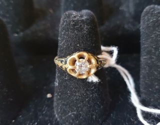 18k Gold Dainty Victorian Black Enamel And Diamond Ring - Size 6.  5