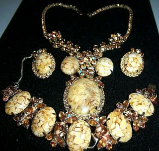 Vtg Juliana D&e Book Piece Malachite Rhinestone Necklace Bracelet Earring Set