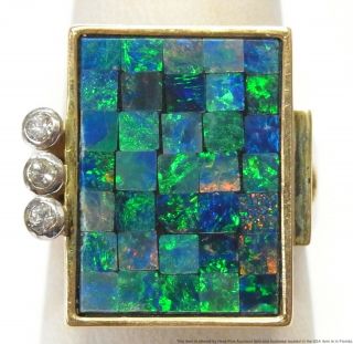 Natural Australian Black Opal Mosaic 14k Gold Ring Diamond 9.  5gr Vintage