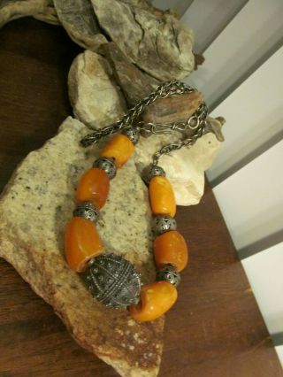 Vintage Old Sterling Silver 925 Wheat Chain Butterscotch Amber Beaded Necklace