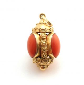 Antique Etruscan Revival Cabochon Coral Watch Fob Pendant 18k Yellow Gold 2