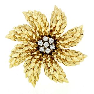 Vintage Tiffany & Co.  18k Yellow Gold Diamond Cluster Detailed Flower Brooch Pin