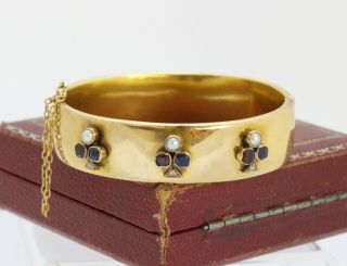 Victorian Trefoil Clover Diamond Sapphire Ruby And Pearl 18k Gold Bangle Bracele