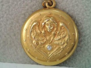 Antique Art Nouveau Solid 14k Gold & Diamond Guardian Angel Photo Locket Pendant