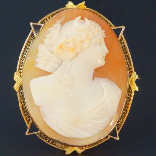 C - 1940s Large Solid 14k Yellow Gold & Shell Cameo Filigree Pin,  Brooch,  Pendant