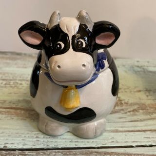 Ceramic Cow Sugar Bowl No Spoon Yellow Bell Black And White Cow