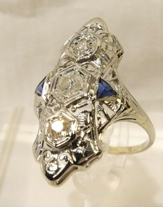 Antique Art Deco Filigree Diamond & Sapphire 18 K White Gold Statement Ring Sz 7