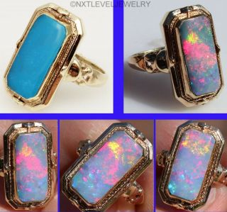 Antique Art Deco Opal & Persian Turquoise 10k Gold Cocktail Flip Reversible Ring