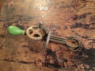 Vintage A&j Hand Mixer Egg Beater Stainless Steel,  Green Wood Handles W/guard