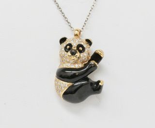 Vintage 18k Gold And Diamond Enamel Panda Pin And Pendant