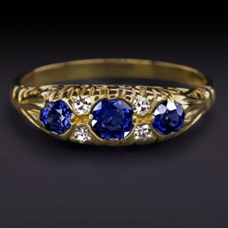 Royal Blue Sapphire Diamond Antique Ring English Estate Vintage 18k Yellow Gold