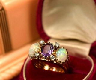 Estate Antique Vintage 14k Gold Diamond Opal Amethyst Ring Sz 5.  75