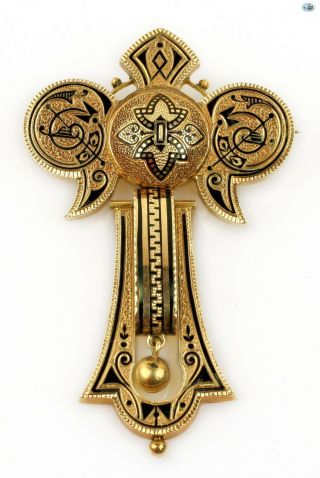 Wonderful 1870 Antique 14k Yellow Gold Cross Brooch/pin In Cloisonné Enamel