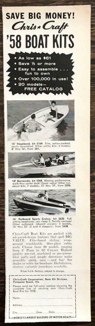 1958 Chris - Craft Boat Kits Print Ad Vagabond Barracuda Sports Cruiser