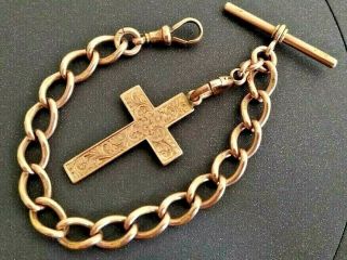 Solid 9ct Rose Gold Single Albert Watch Chain,  T - Bar & Engraved Cross Fob