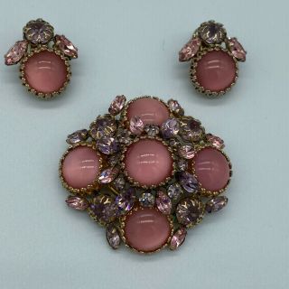 Schreiner Brooch And Earring Set Pink Cat Eye Moonglow Cabs And Lavender Stones