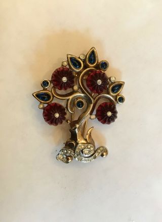 Vtg 1949 Crown Trifari Phillipe Jewels Of India Ruby Red Moghul Tree Clip Pin