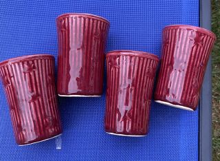 Vintage Set Of 4 Maroon Ceramic Small Star Embossed Cups Marked U.  S.  A.