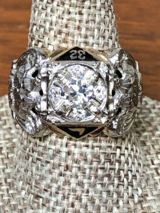 10k Gold Gothic 5 Diamond 1/2 Carat Center Masonic 32nd Degree Ring 8 3/4