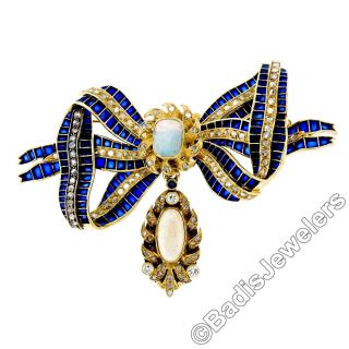 Antique 18k Gold Cabochon Opal W/ Diamond & Blue Enamel Large Ribbon Bow Brooch