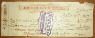 1897 Bank Check El Reno Oklahoma Territory John Deere Plow Company 315