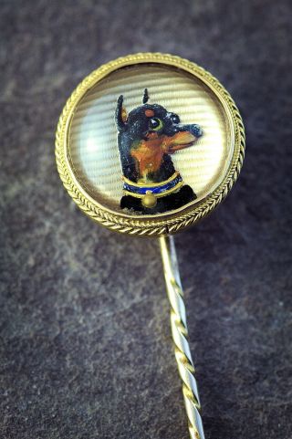Antique Victorian English 9k Gold Essex Crystal Stickpin Brooch Pinscher Dog