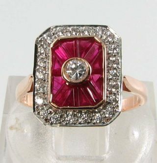 Class 9ct 9k Rose Gold Indian Ruby & Diamond Art Deco Ins Ring Resize