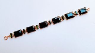 Nifty Art Deco Period Black Onyx And Green Tourmaline Link Bracelet 14k Gold
