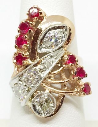 Antique Art Deco Estate Natural Diamond Ruby Ring 14k Solid Gold Vintage