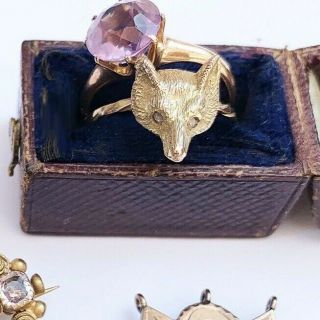 Antique Victorian Fox Rose Cut Diamond Eyes Ring Gold Ring 14 Karat Gold Size 6