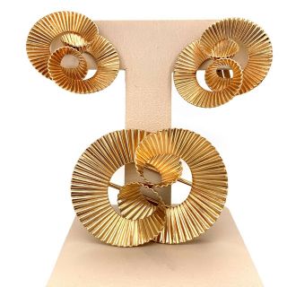 George Schuler For Tiffany & Co 14k Gold Brooch Clip Earrings Swirl Fan Set 117