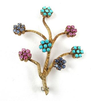 Vintage 18k Italian Gold Ruby Sapphire & Turquoise Floral Tree Brooch Pin,  Italy