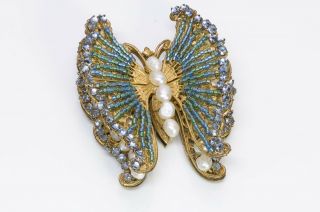 Miriam Haskell 1950’s Blue Glass Beads Purple Crystal Pearl Butterfly Brooch