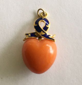 Antique 14k Coral Heart Shaped Charm/drop/pendant With Blue Enamel