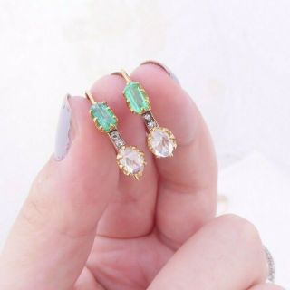 18ct Gold 1.  3ct Diamond Old Mine Rose Cut Diamond Emerald Earrings Victorian