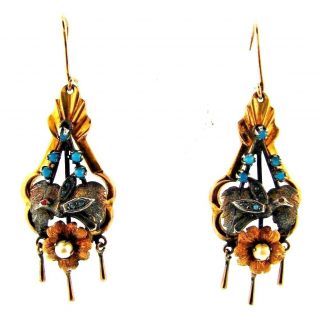 Wow Victorian Silver,  14k Yellow Gold,  Coral,  Pearl & Turquoise Dangle Earrings