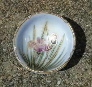 Blue,  Satsuma Porcelain Open Salt Dip,  Cellar,  Dish W/handpainted Irises