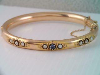 Victorian Etruscan 14k Solid Gold Mine Cut Diamond & Blue Sapphire Bracelet 21g
