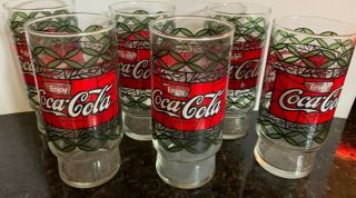 Vintage Coca Cola Glasses Stained Glass Style Red And Green (set Of 6)